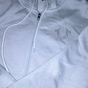 Rhinestone True Religion Womens Zip-Up Hoodie - Light Blue